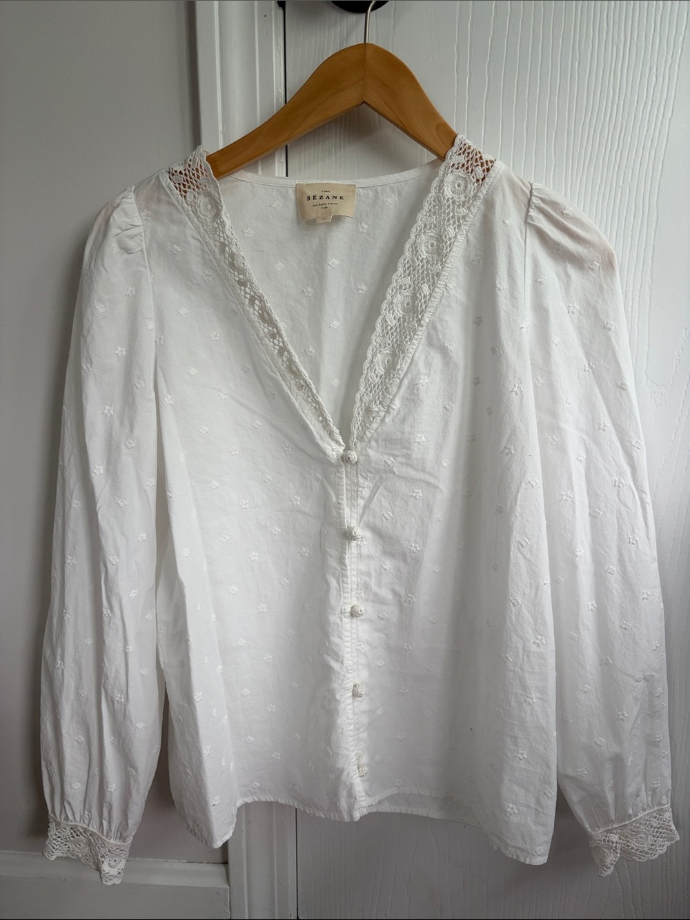 Sezane White Lace-Trimmed Cotton Blouse